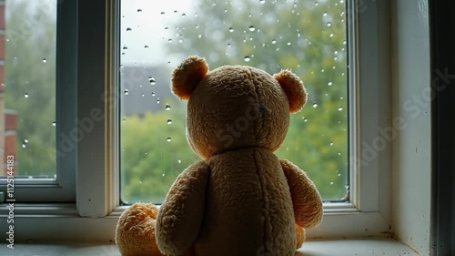A soft teddy bear looks out the rainy window, waiting for a friend in a cozy room. A plush toy symbolizing sadness and loneliness