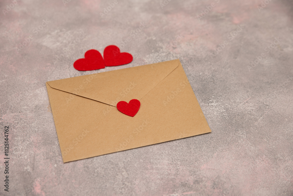 An exquisite Valentine's Day composition with an envelope sealed with a red heart and two red hearts lie next to the envelope, elegantly arranged on a delicate gray-pink textured background. An exquisite Valentine's Day composition with an envelope sealed with a red heart and two red hearts lie next to the envelope, elegantly arranged on a delicate gray-pink textured background.