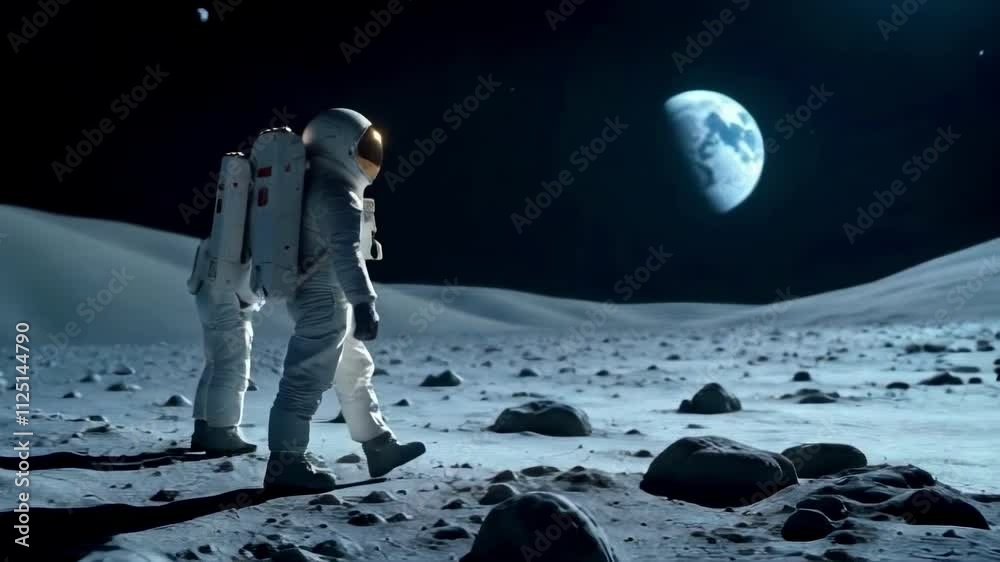 Two astronauts stand on the surface of the Moon, gazing at the distant Earth in the blackness of space. A moment of exploration and wonder, capturing the vastness and isolation of outer space