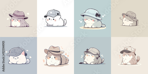 Adorable Cats in Hats Vector Collection. A Cute Compilation of Eight Charming Cartoon Felines Dressed in Stylish Headwear