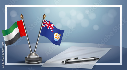 United Arab Emirate and Anguilla National flags on small table with bokeh background, cooperative relationship
