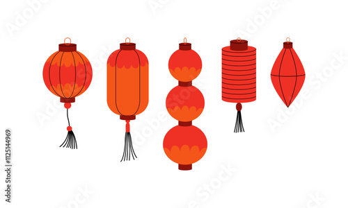 Set of chinese or japanese various traditional paper lanterns. Vector flat illustration of asian festival decor