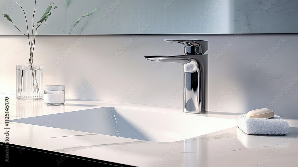 Fototapeta premium Modern Bathroom Interior Design With White Sink And Silver Faucet, Minimalist Home Decor.
