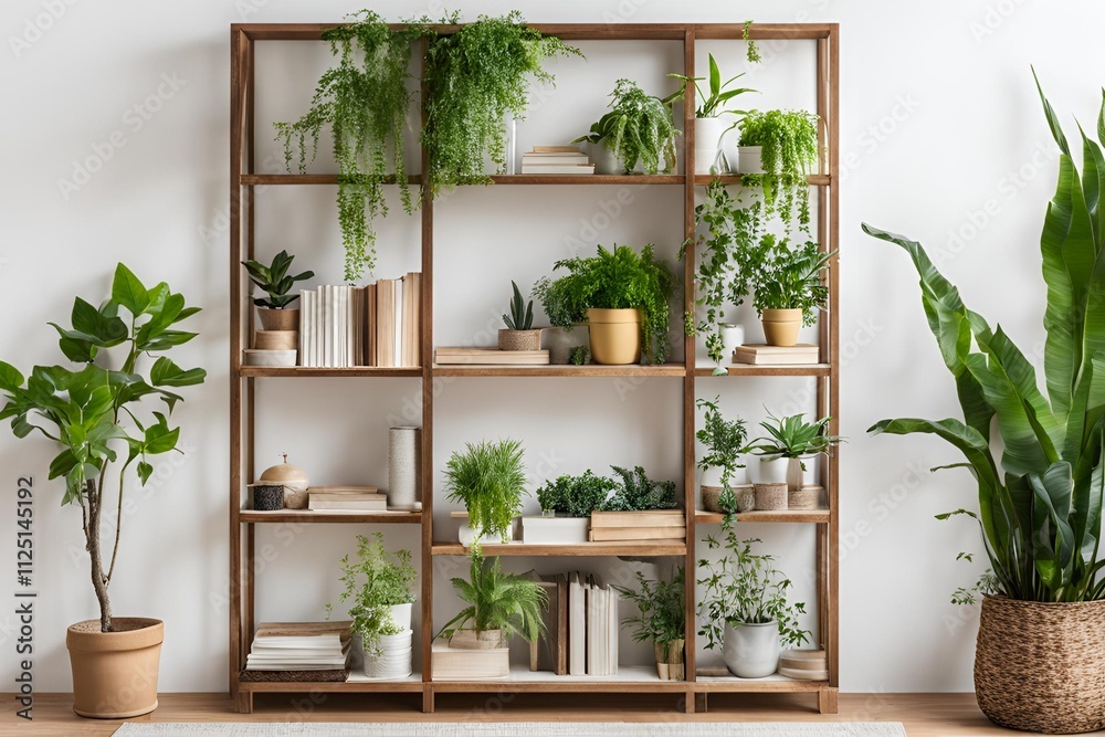 Bookcase with various plants over white wall Bookcase with various plants over white wall