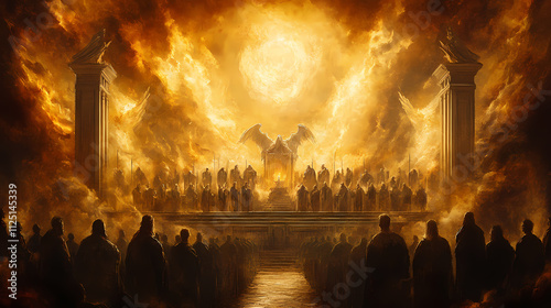 Celestial court convened, with saints and sinners alike facing the divine tribunal of justice, judgment day, doomsday, god is judging,. Omniscient. Illustration