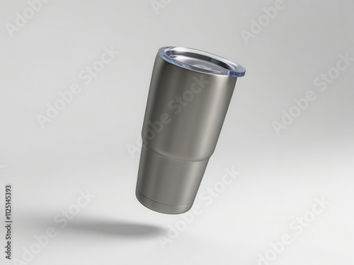 Stylish stainless steel tumbler floating in mid-air, perfect for coffee or any beverage on the go. photo