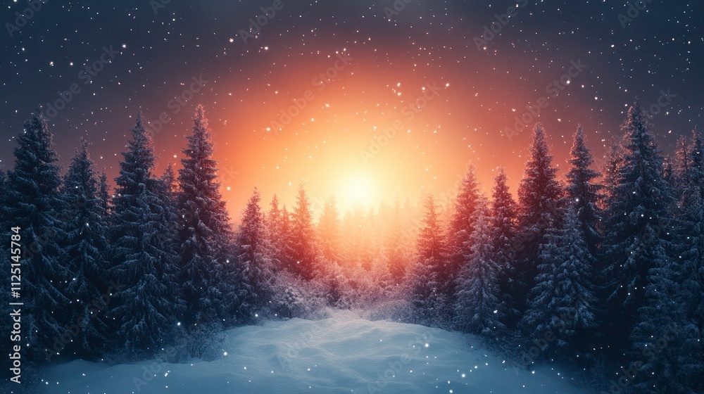 Magical winter sunset in snowy forest. Magical winter sunset in snowy forest.
