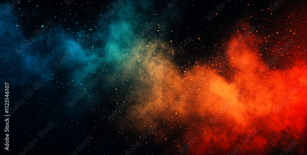 Obraz premium Colorful dust particles in blue, orange, and red on a dark background. Cosmic and vibrant abstract design.
