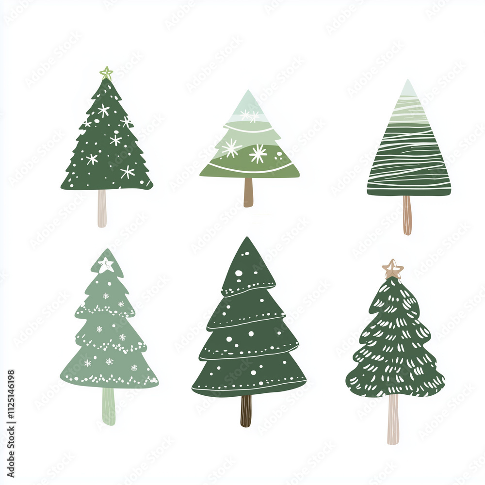 Obraz premium Square minimalist illustration of several Christmas trees on a white background, New year or Christmas concept for postcard, varying shapes and sizes
