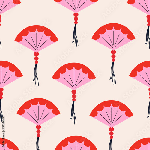 Seamless pattern with chinese or japanese paper fans. Vector flat background in asian style. Traditional oriental accessory