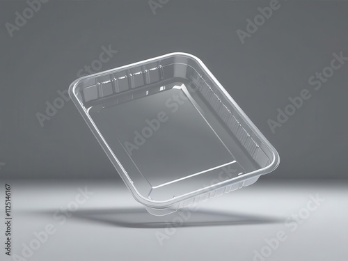 Transparent plastic food container floating against a neutral backdrop, ideal for packaging presentations. photo