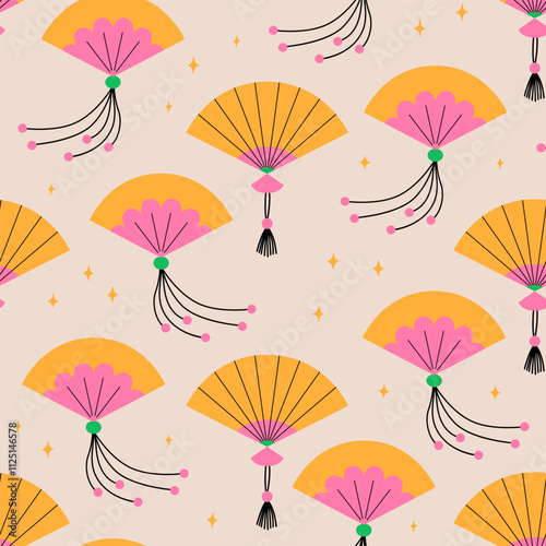 Seamless pattern with chinese or japanese paper fans. Vector flat background in asian style. Traditional oriental accessory