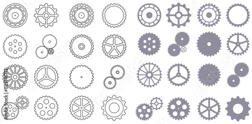 Gears collection. Vector Gear, Set of outline and shape gears wheels
