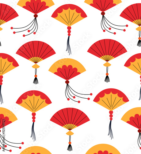 Seamless pattern with chinese or japanese paper fans. Vector flat background in asian style. Traditional oriental accessory