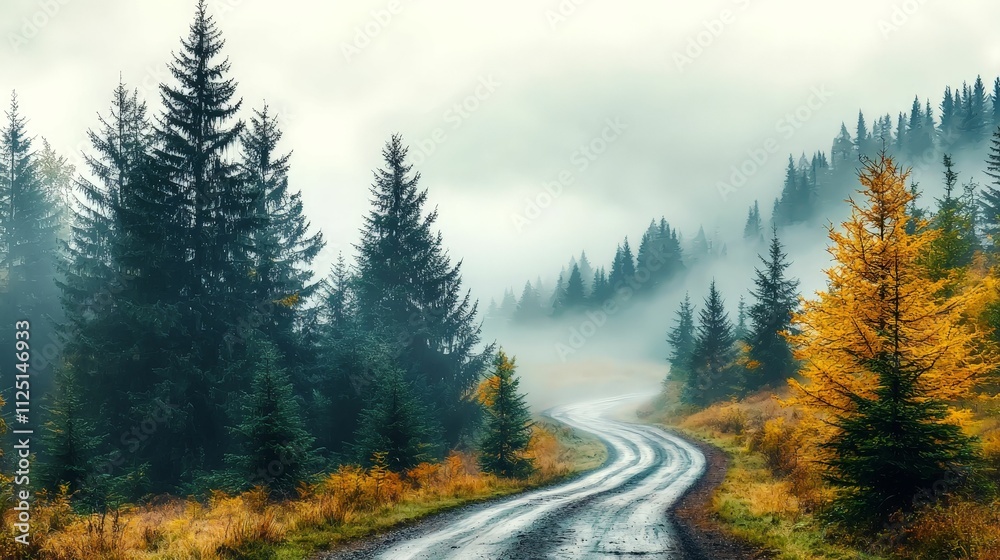 forestry industry concept. A winding road through a misty forest with vibrant fall foliage. forestry industry concept. A winding road through a misty forest with vibrant fall foliage.