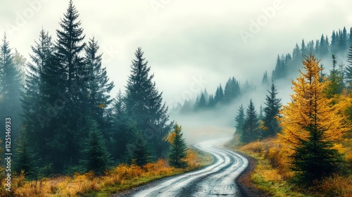 forestry industry concept. A winding road through a misty forest with vibrant fall foliage.