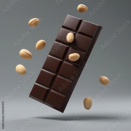 A bar of dark chocolate surrounded by flying almonds against a soft gray background, creating an artistic food display. photo