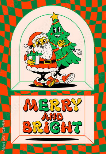 Groovy Christmas cartoon poster. vintage funny Santa Claus and Christmas tree...
