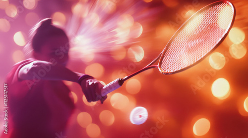 Dynamic Action Shot of a Female Player Hitting a Badminton Shuttlecock with Dramatic Lighting and Blurred Background for Sports Photography