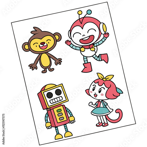 A single sheet of stickers vector containing unique cartoons