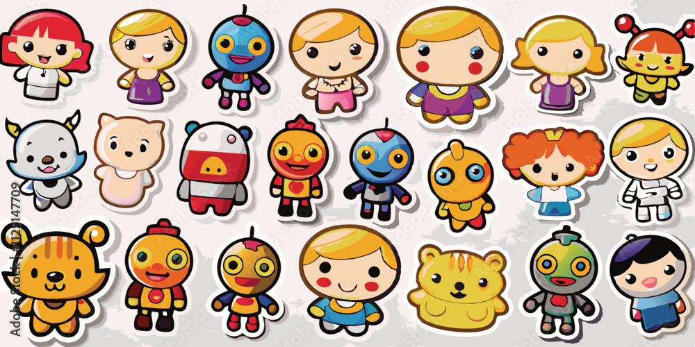 Single sheet of stickers vector containing 20 unique cartoons. Single sheet of stickers vector containing 20 unique cartoons.