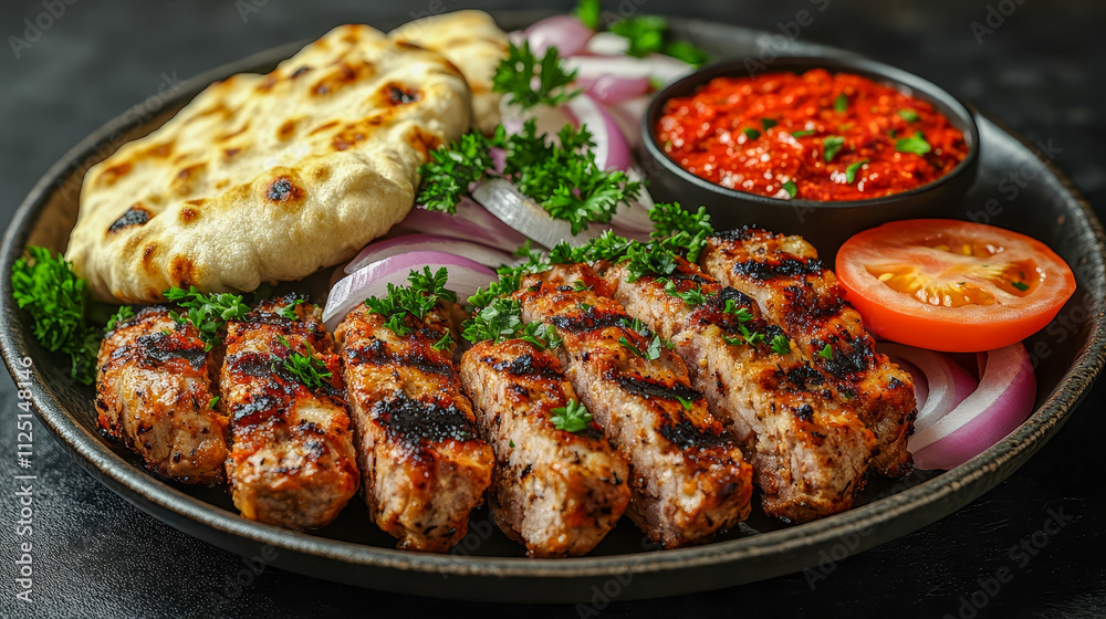 A plate of Turkish-style doner kebab slices neatly arranged with fresh onions, parsley and tomatoes, garnished with spicy red sauce and fluffy pita bread
A plate of Turkish-style doner kebab slices neatly arranged with fresh onions, parsley and tomatoes, garnished with spicy red sauce and fluffy pita bread