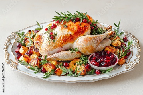 A beautifully roasted turkey served with herbs, vegetables, and cranberry sauce on an elegant platter. photo