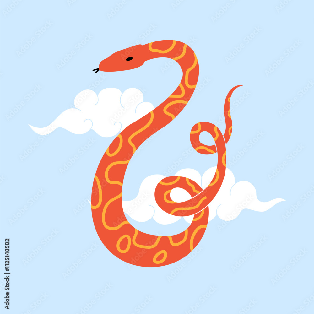 Obraz premium Snake with clouds in asian style. Mystical and fantasy vector flat illustration of reptile. Zodiac symbol of lunar new year