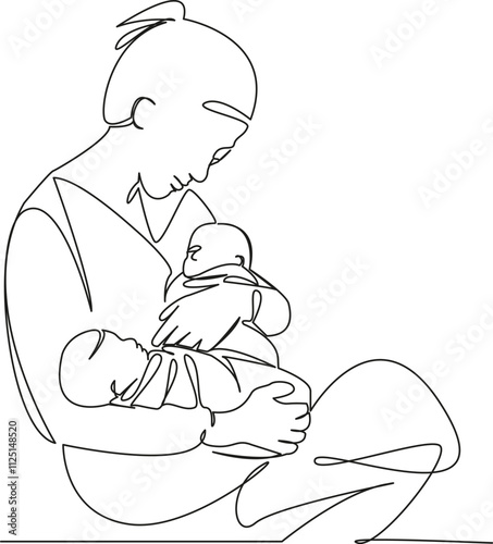 One continuous single drawing line art flat doodle mother holds two children twins, born together, happiness, multiple pregnancy. Isolated image hand draw contour on a white background, hand drawn, no