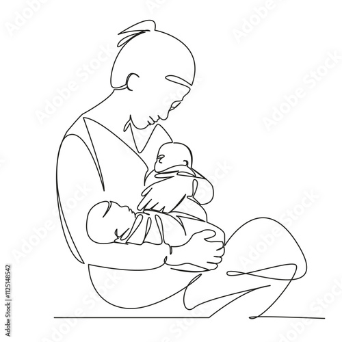 One continuous single drawing line art flat doodle mother holds two children twins, born together, happiness, multiple pregnancy. Isolated image hand draw contour on a white background, hand drawn, no