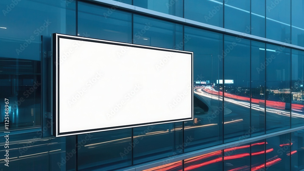 A blank billboard on a modern glass building, captured at dusk with light trails in the background. A blank billboard on a modern glass building, captured at dusk with light trails in the background.
