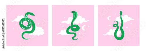 Set of flat vector illustrations with snakes, clouds, moon and stars in oriental asian style. Greeting cards with symbol of lunar new year
