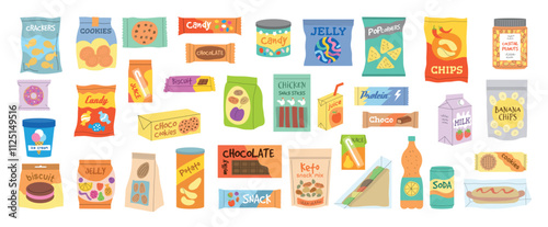 Snack products. Junk food in packages crisps candies different cold drinks soda chocolate bars recent vector snacks illustrations