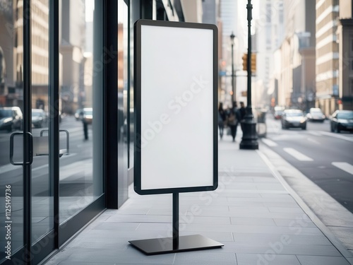 A blank outdoor sign stands on a busy street, ready for advertisement in an urban setting. photo