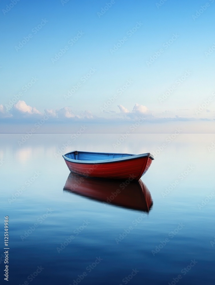A single red boat floats gracefully on tranquil water, surrounded by soft blue hues and gentle clouds as dawn approaches. Generative AI A single red boat floats gracefully on tranquil water, surrounded by soft blue hues and gentle clouds as dawn approaches. Generative AI