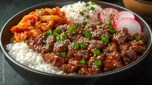 A bowl of spicy Korean BBQ bulgogi beef sprinkled with sesame seeds and shallots, garnished with white rice, kimchi and pickled radishes 