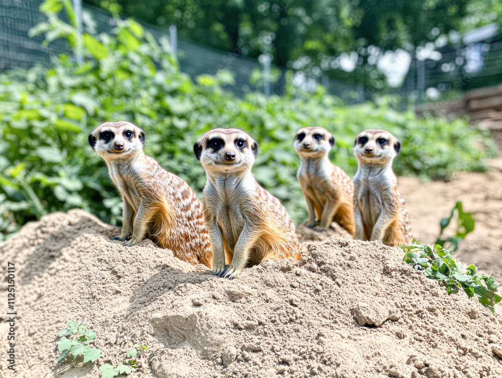 Fototapeta premium A group of four baby meerkats are sitting on a pile of dirt
