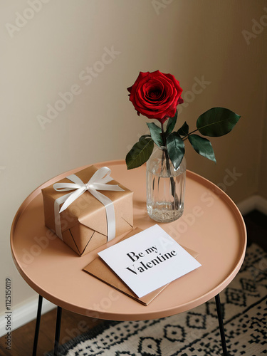 Photo of a red rose with a gift box and a Valentine's Day greeting card