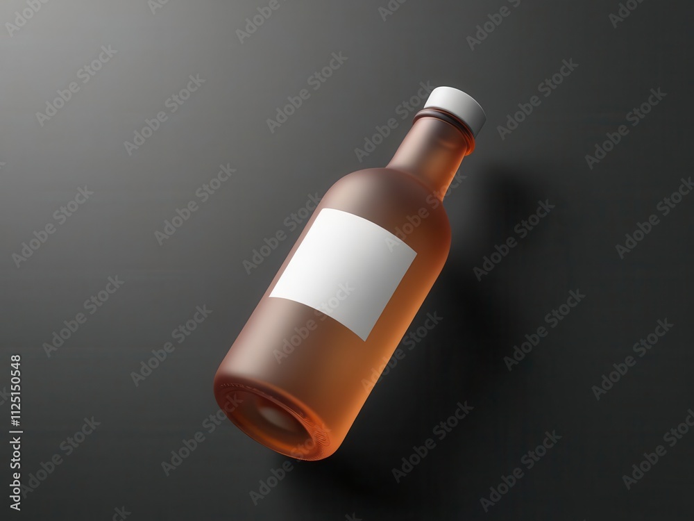 A brown glass bottle with a blank label placed on a dark surface, ideal for beverage product mockups. A brown glass bottle with a blank label placed on a dark surface, ideal for beverage product mockups.