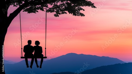 A romantic couple enjoys a serene sunset while swinging on a tree swing, surrounded by mountains and a vibrant sky, symbolizing love and togetherness in nature.