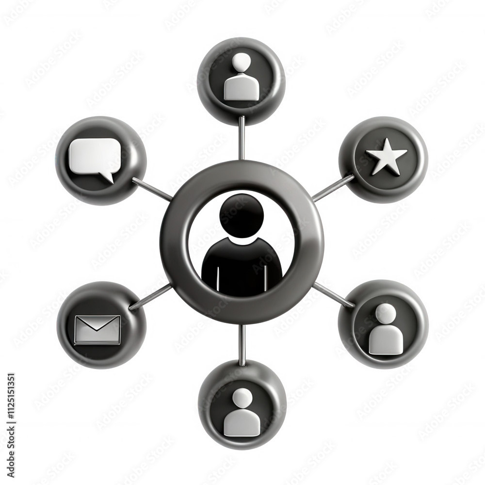 A 3D model showcasing a central figure surrounded by icons representing social interactions. The design is sleek and modern, emphasizing connectivity. A 3D model showcasing a central figure surrounded by icons representing social interactions. The design is sleek and modern, emphasizing connectivity.