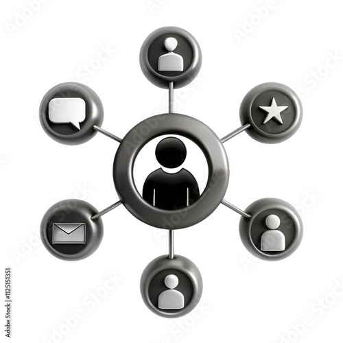 A 3D model showcasing a central figure surrounded by icons representing social interactions. The design is sleek and modern, emphasizing connectivity.