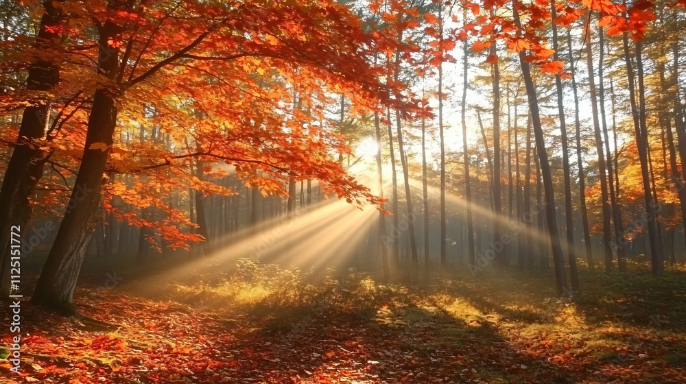 Obraz premium Golden rays streaming through an autumn forest, illuminating red and orange leaves in mist