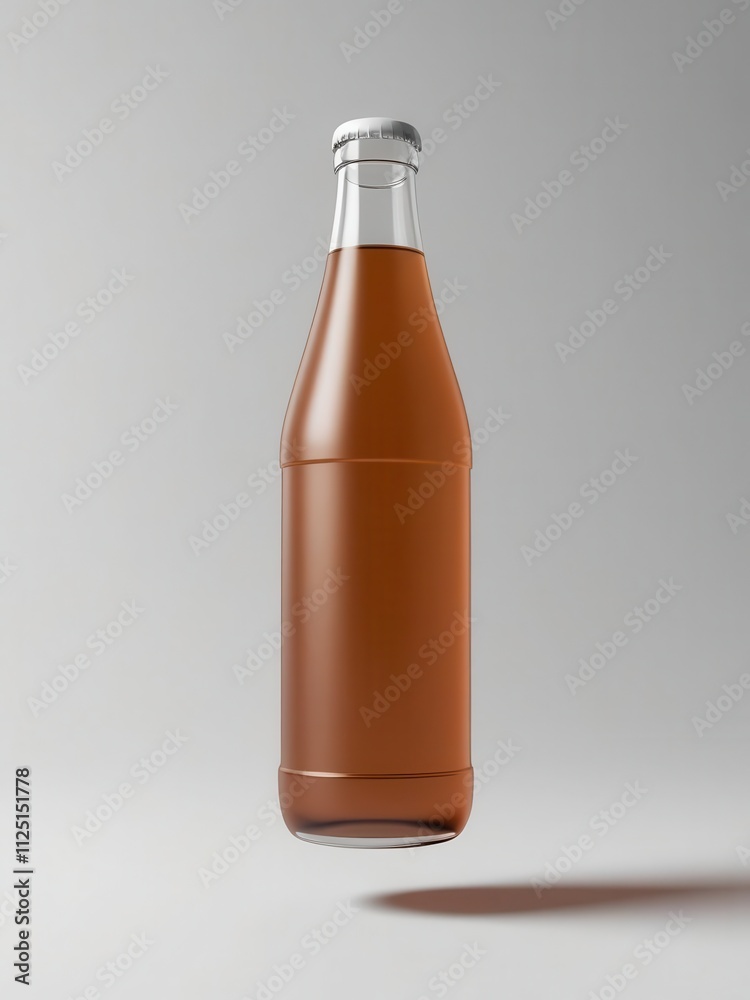 A clear bottle containing a refreshing brown beverage, perfect for promotional and product displays. A clear bottle containing a refreshing brown beverage, perfect for promotional and product displays.