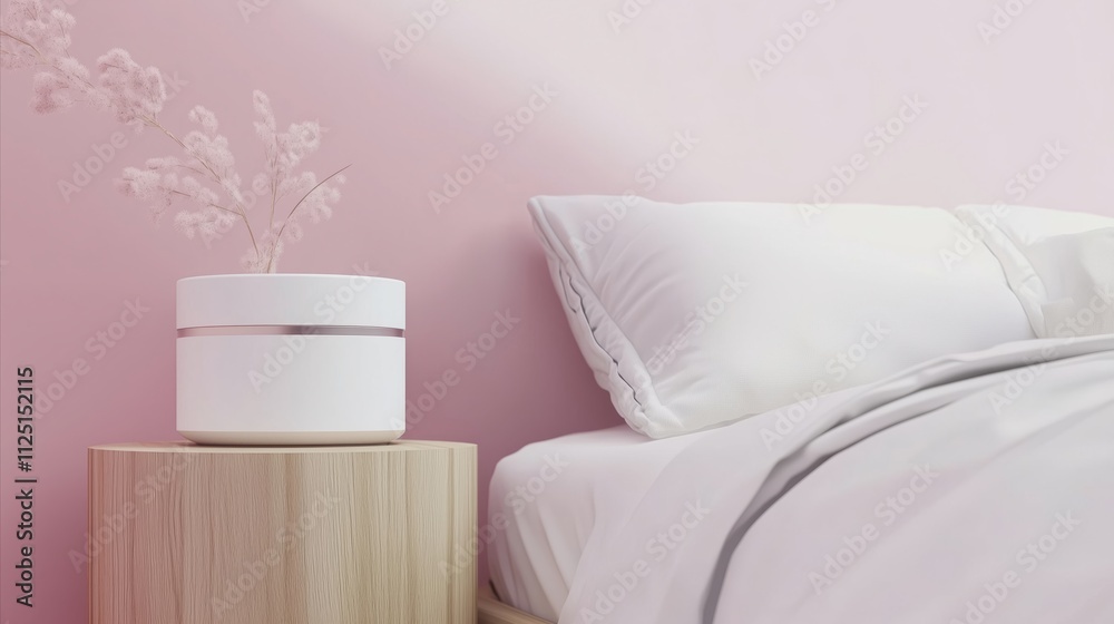 White bed with a white pillow and a white vase with flowers on a wooden table White bed with a white pillow and a white vase with flowers on a wooden table