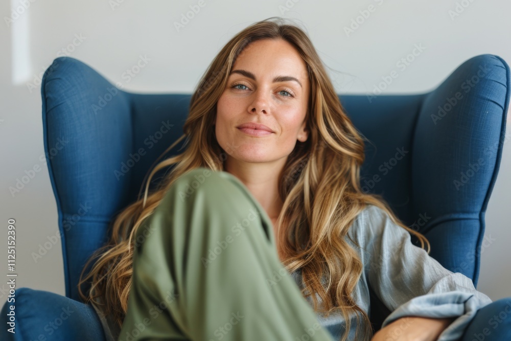 Stylish woman with long wavy hair sits comfortably in a blue armchair wearing green pants and a grey blouse. Sunlight fills the modern home creating a serene atmosphere for relaxation. Stylish woman with long wavy hair sits comfortably in a blue armchair wearing green pants and a grey blouse. Sunlight fills the modern home creating a serene atmosphere for relaxation.