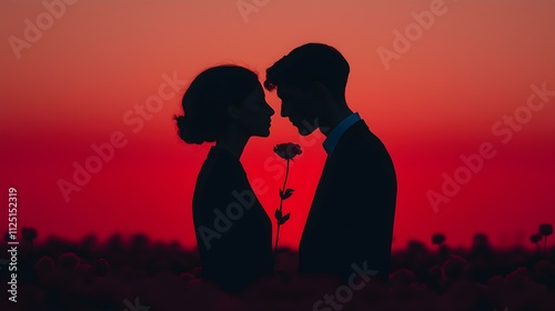 A romantic silhouette of a couple sharing a tender moment at sunset, surrounded by flowers, capturing the essence of love and connection in a serene environment.