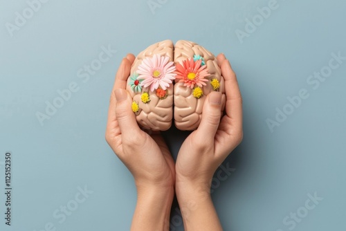 Two hands gently hold a human brain embellished with vibrant flowers illustrating a blend of creativity and the importance of mental health and self care in daily life. photo