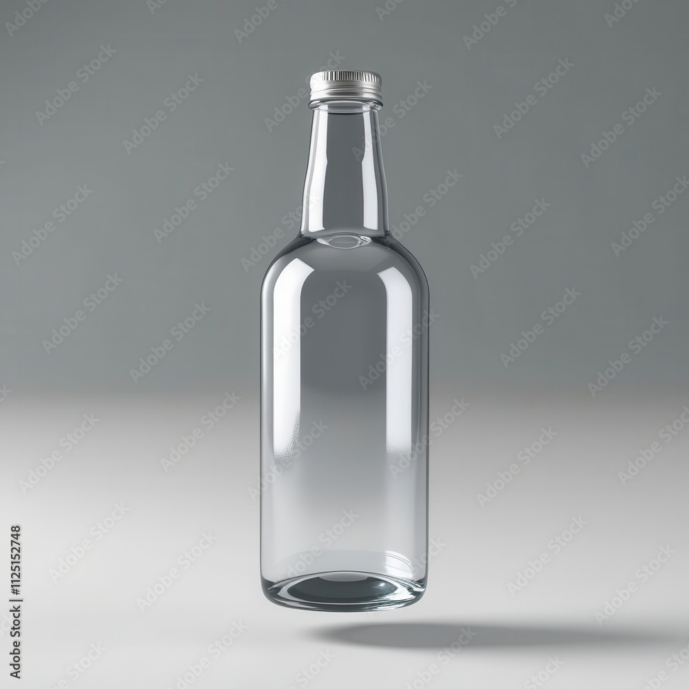Fototapeta premium A clear glass bottle with a sleek design, perfect for beverages or as a decorative piece in modern aesthetics.