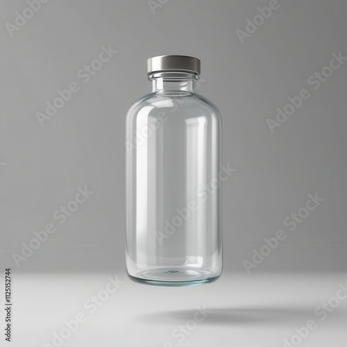 A clear glass bottle with a metallic cap, elegantly floating against a minimalist background, perfect for product showcases.